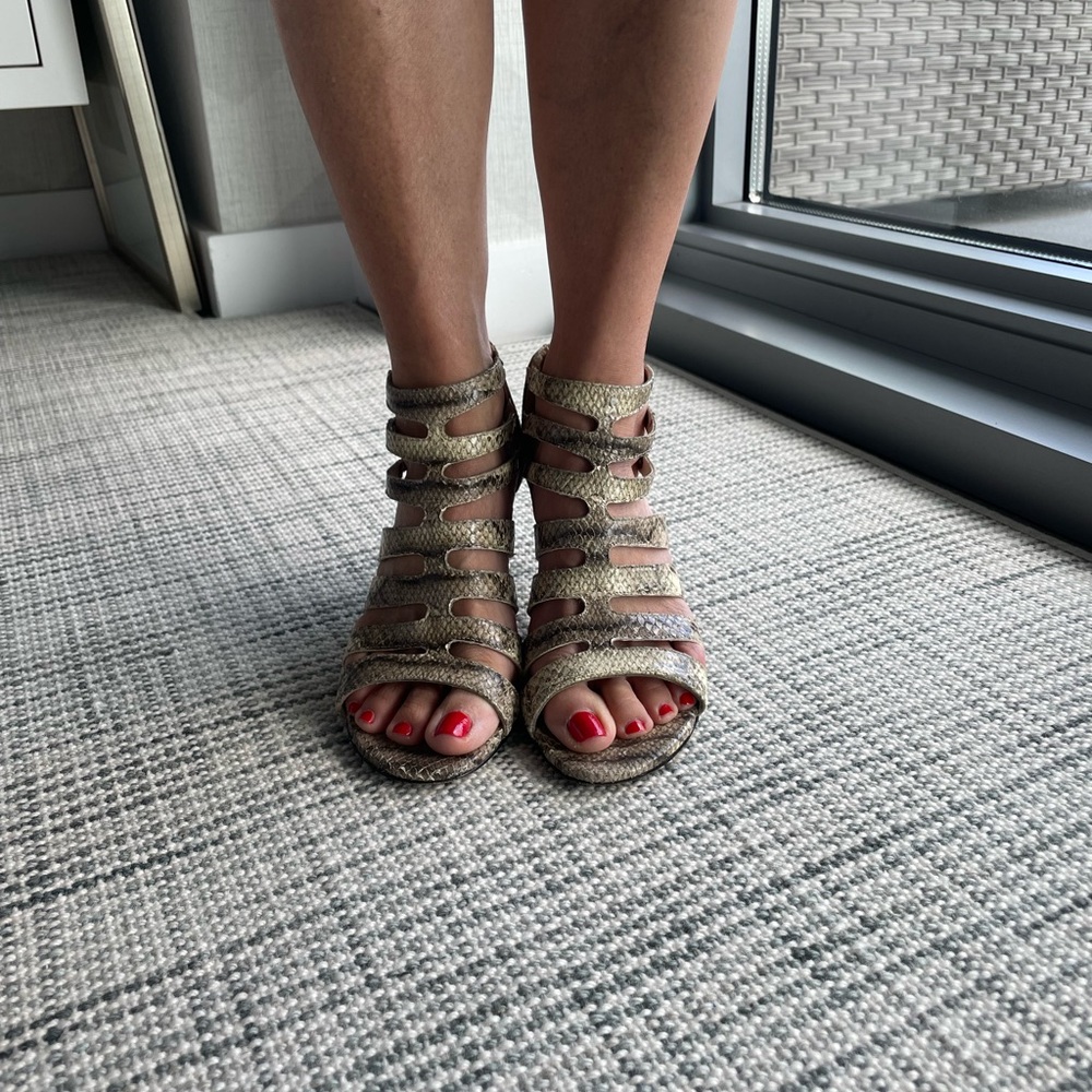 Stuart Weizmann snakeskin strappy sandal with zipper